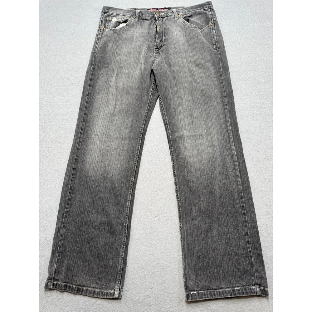 Y2K Bklyn Express Jeans Men's 38x34 Black Faded Straight Leg Embellished Pockets